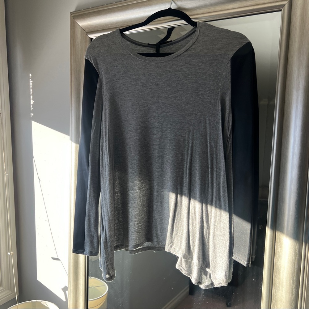 BCBG long sleeve top with faux leather sleeve